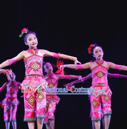 Traditional Chinese Tujia Nationality Folk Dance Costume, Children Classical Dance Dress Clothing for Kids