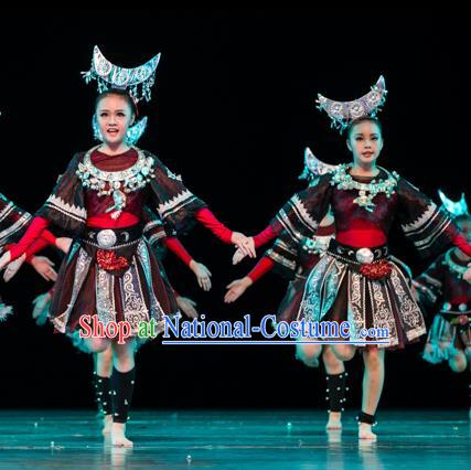 Traditional Chinese Miao Nationality Folk Dance Costume, Children Classical Dance Ethnic Clothing for Kids