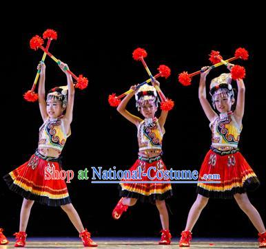 Chinese Traditional Folk Dance Ethnic Costume, Children Yi National Minority Classical Dance Clothing for Kids