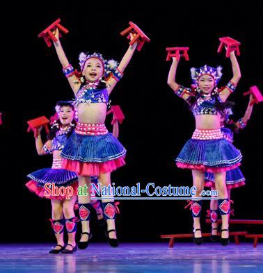 Chinese Traditional Folk Dance Ethnic Costume, Children Tujia National Minority Classical Dance Clothing for Kids