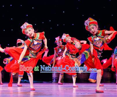 Chinese Traditional Folk Cymbals Dance Ethnic Costume, Children National Minority Classical Dance Clothing for Kids