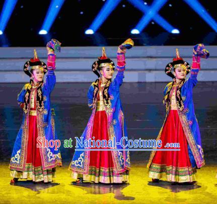 Traditional Chinese Mongolian Nationality Folk Dance Embroidered Costume, China Ethnic Minority Dance Clothing for Women