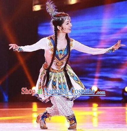 Traditional Chinese Uyghur Nationality Folk Dance Embroidered Costume, China Ethnic Minority Dance Clothing for Women