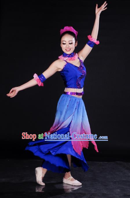 Traditional Chinese Folk Dance Umbrella Dance Costume, China Yangko Classical Dance Blue Dress Clothing for Women