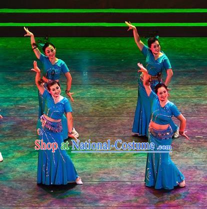 Traditional Chinese Folk Dance Yangge Dance Costume, China Yangko Classical Dance Blue Dress Clothing for Women