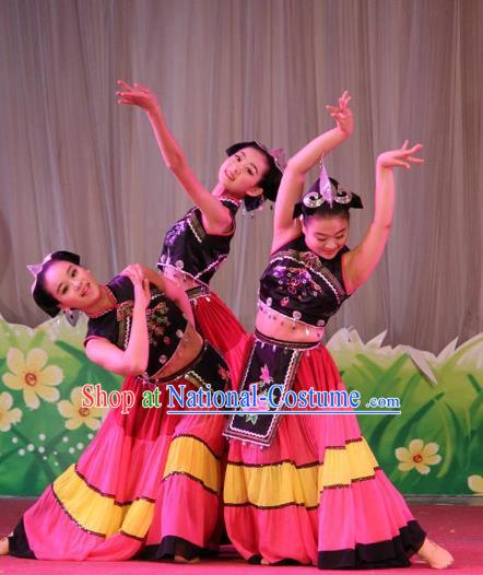 Chinese Traditional Yi Ethnic Stage Performance Costume, China Nationality Folk Dance Clothing for Children