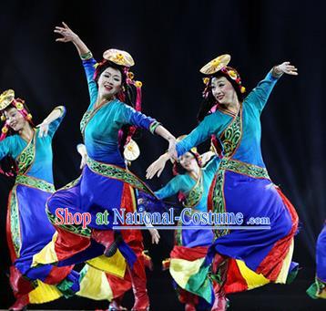 Chinese Traditional Folk Dance Classical Dance Tibetan Stage Performance Costume, China Zang Nationality Dance Clothing for Women