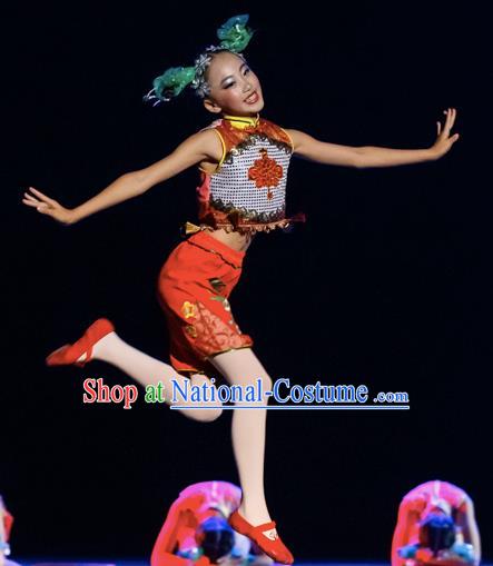 Chinese Traditional Yangge Stage Performance Green Costume, China Folk Dance Yangko Dance Clothing for Children