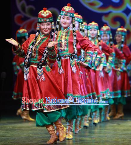 Traditional Chinese Zang Nationality Dancing Costume, Tibetan Female Folk Dance Ethnic Minority Nationality Embroidery Clothing for Women