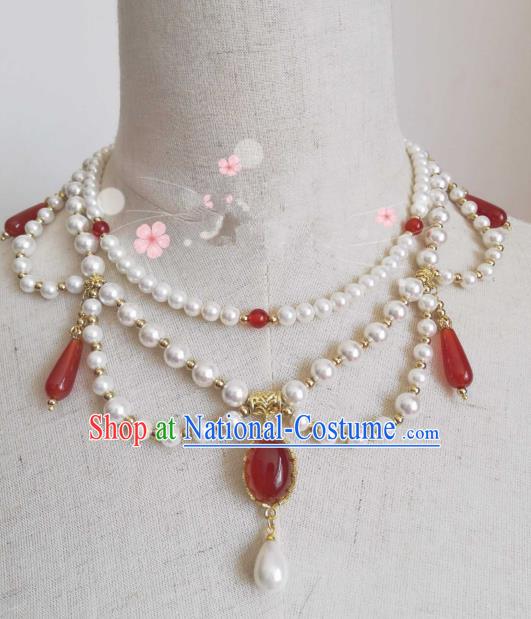 Chinese Traditional Ancient Accessories Classical Red Agate Necklace Hanfu Handmade Necklet for Women