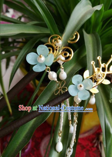 Chinese Traditional Ancient Hair Accessories Classical Blue Flower Hair Clip Hanfu Hairpins for Women