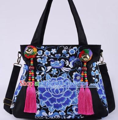 Chinese Traditional Embroidery Craft Embroidered Blue Peony Bags Handmade Handbag for Women