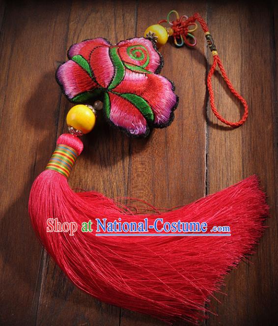 Chinese Traditional Red Tassel Embroidery Pendant Classical Handmade Embroidered Lotus Craft for Women