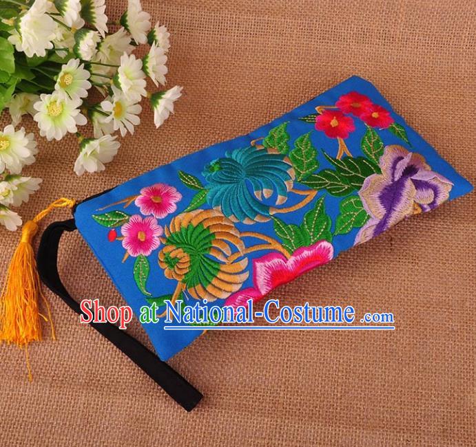 Chinese Traditional Embroidery Craft Embroidered Peony Blue Purse Handmade Handbag for Women