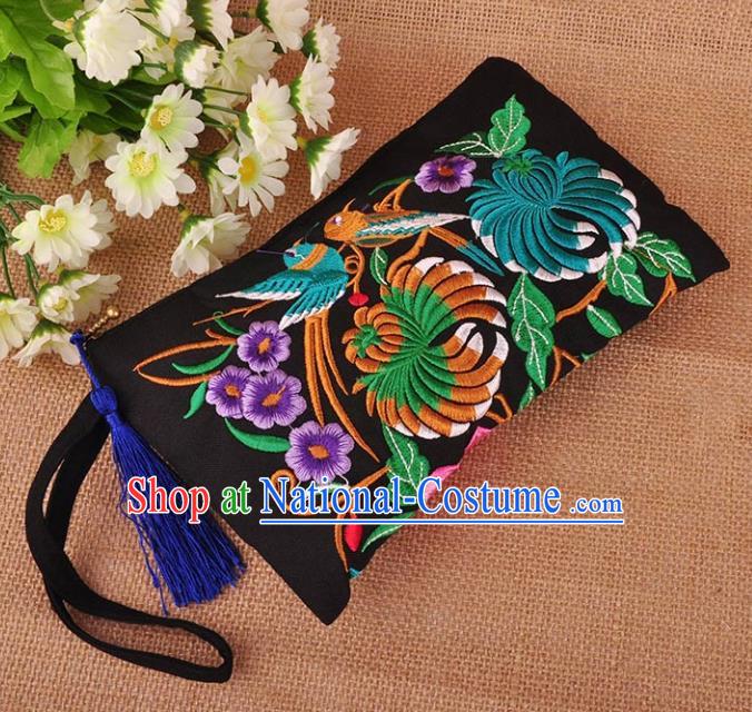 Chinese Traditional Embroidery Craft Embroidered Peony Black Purse Handmade Handbag for Women