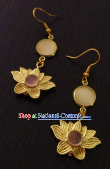 Chinese Traditional Ancient Accessories Classical Hanfu Brass Lotus Earrings for Women