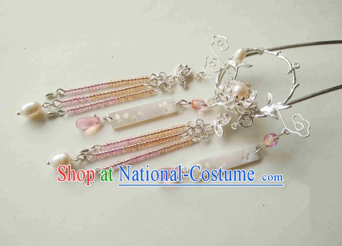 Chinese Traditional Ancient Hair Accessories Classical Pink Beads Tassel Hair Clip Hanfu Hairpins for Women