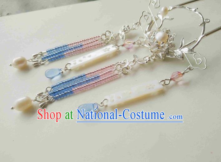 Chinese Traditional Ancient Hair Accessories Classical Blue Beads Tassel Hair Clip Hanfu Hairpins for Women