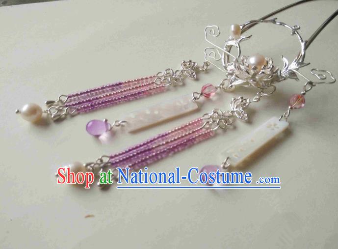 Chinese Traditional Ancient Hair Accessories Classical Purple Beads Tassel Hair Clip Hanfu Hairpins for Women