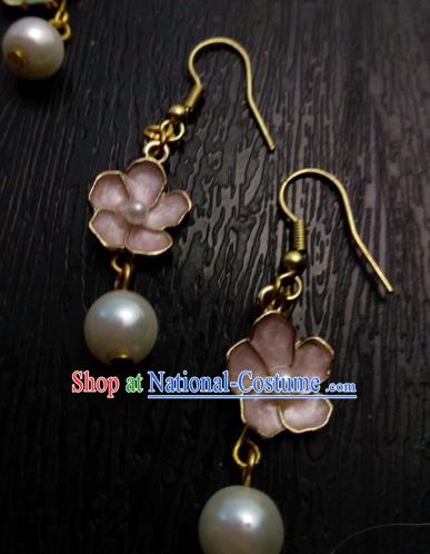 Chinese Traditional Ancient Accessories Earrings Classical Hanfu Pink Flowers Eardrop for Women