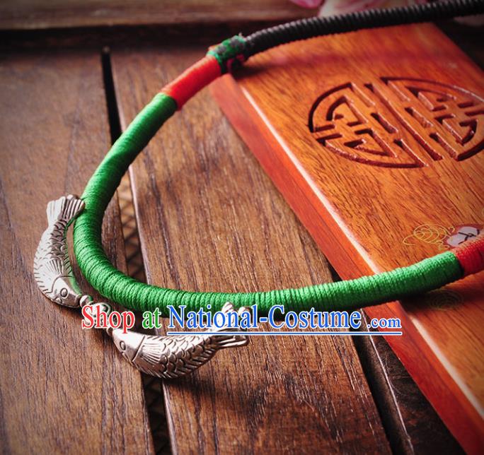 Chinese Traditional Embroidery Accessories Handmade Miao Sliver Fishes Necklace for Women