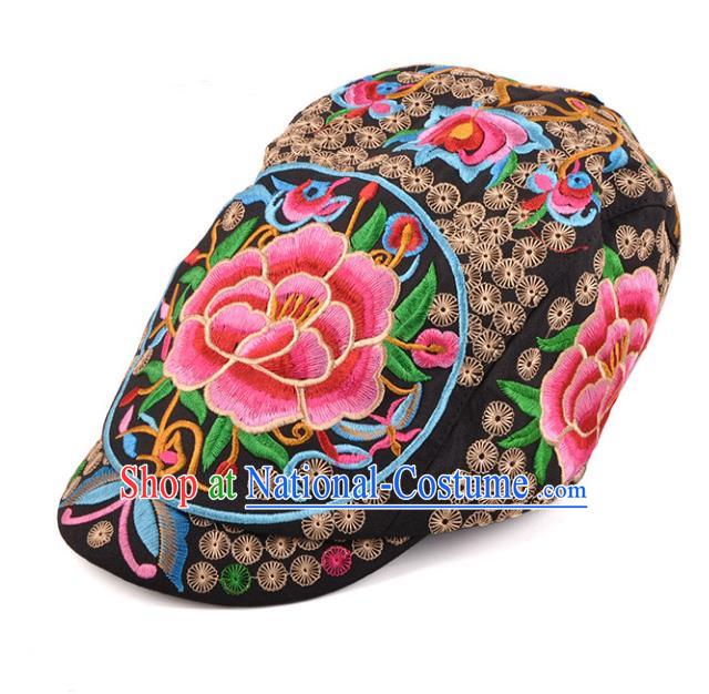 Chinese Traditional Embroidery Casquette Accessories Handmade Embroidered Peony Black Caps for Women