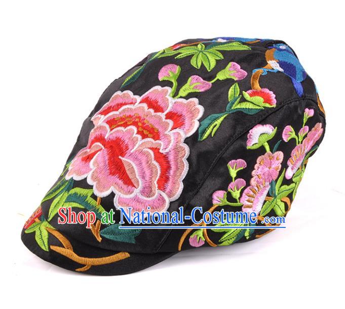 Chinese Traditional Embroidery Casquette Accessories Handmade Embroidered Peony Black Caps for Women