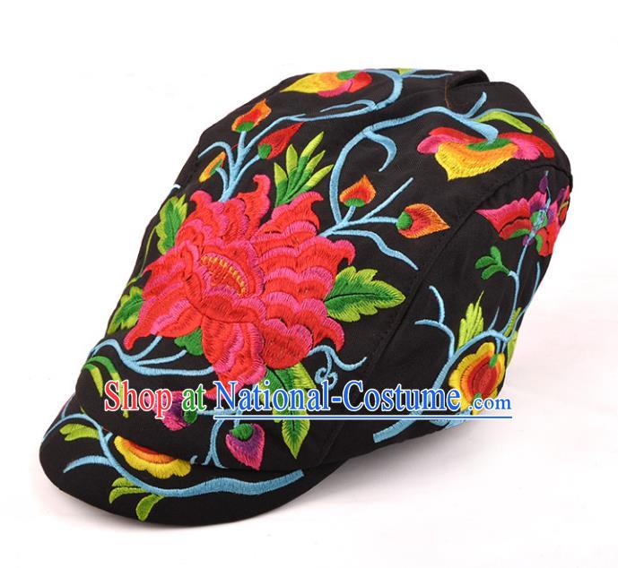 Chinese Traditional Embroidery Black Casquette Accessories Handmade Embroidered Peony Caps for Women