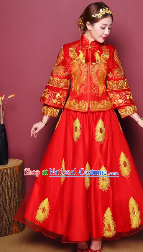 Chinese Traditional Wedding Dress Costume Red Bottom Drawer, China Ancient Bride Embroidered Phoenix Xiuhe Suit Clothing for Women