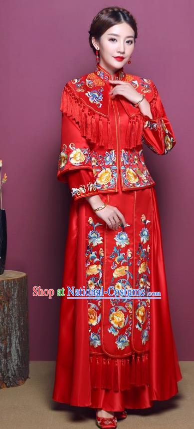 Chinese Traditional Wedding Dress Costume Red Bottom Drawer, China Ancient Bride Embroidered Xiuhe Suit for Women