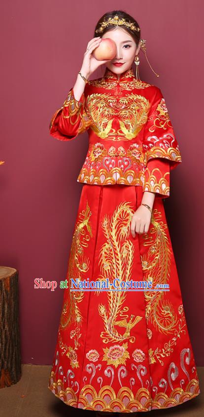 Chinese Traditional Wedding Costume, China Ancient Bride Xiuhe Suit Embroidered Dress Clothing for Women