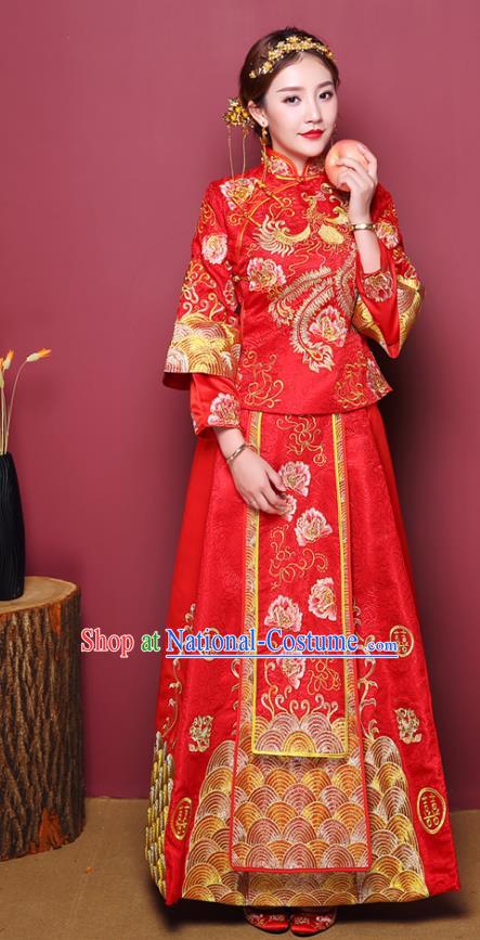 Chinese Traditional Wedding Dress Costume Bottom Drawer, China Ancient Bride Embroidered Xiuhe Suit for Women