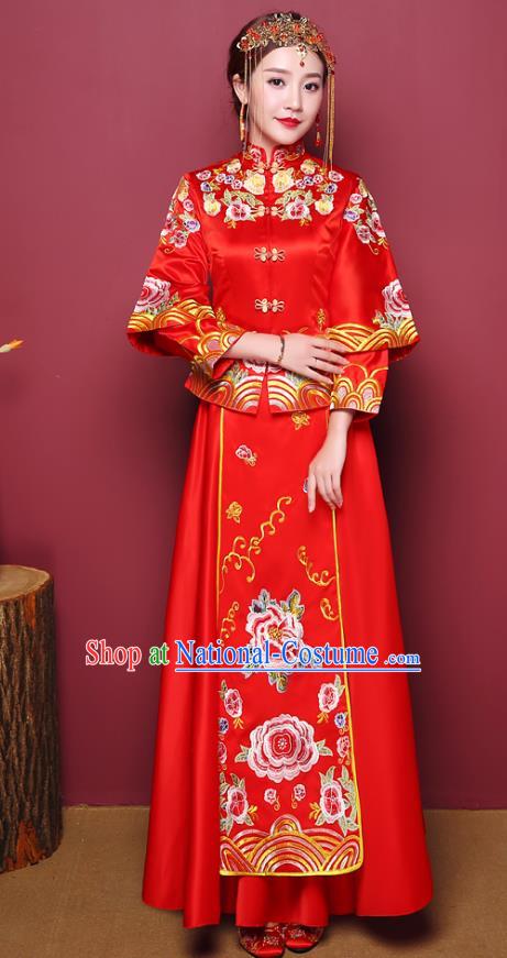 Chinese Traditional Wedding Red Dress Costume Bottom Drawer, China Ancient Bride Embroidered Xiuhe Suits for Women