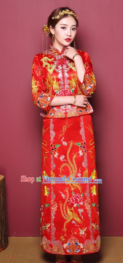 Chinese Traditional Wedding Costume Slim Dress Bottom Drawer, China Ancient Bride Embroidered Xiuhe Suits for Women