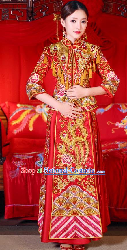 Chinese Ancient Wedding Costume Traditional Bride Dress, China Ancient Toast Clothing Delicate Embroidered Xiuhe Suits for Women