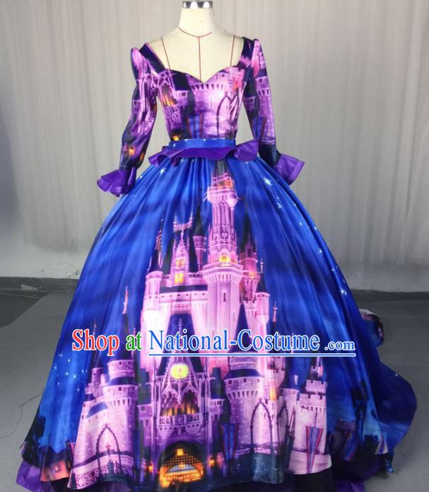 Top Grade Stage Performance Costumes Renaissance Catwalks Palace Blue Full Dress Modern Fancywork Clothing for Women