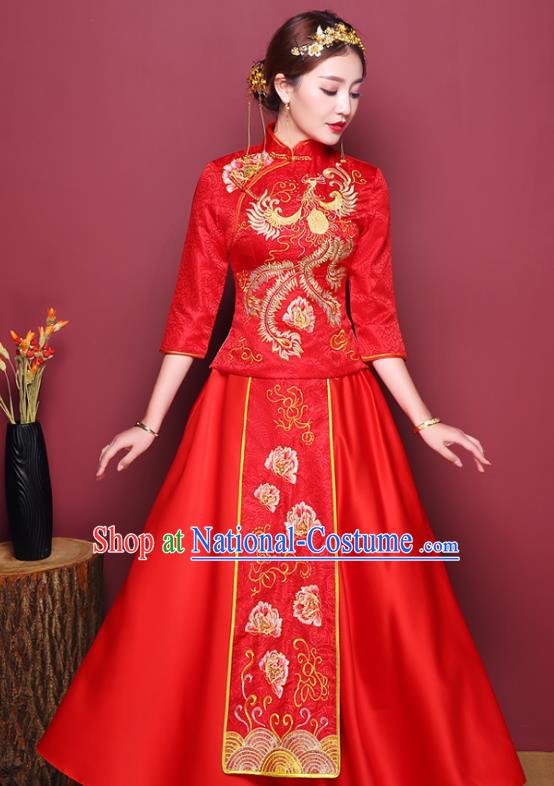 Chinese Ancient Wedding Costume Bride Dress, China Traditional Toast Clothing Delicate Embroidered Xiuhe Suits for Women