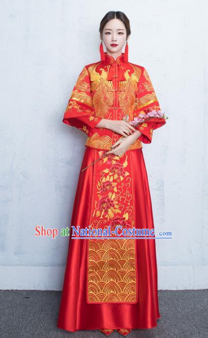 Chinese Traditional Embroidered Xiuhe Suits Bride Red Full Dress Ancient Embroidery Peony Bottom Drawer Wedding Costumes for Women