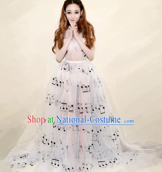 Top Grade Stage Performance Costumes Catwalks White Full Dress Modern Fancywork Clothing for Women