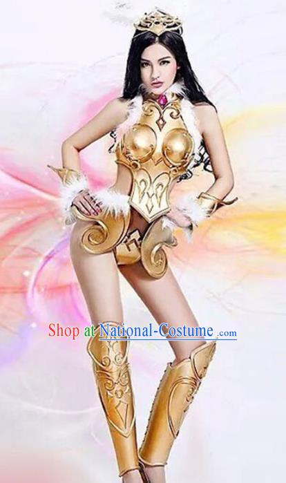 Top Grade Stage Performance Costumes Halloween Cosplay Modern Fancywork Golden Clothing and Headwear for Women