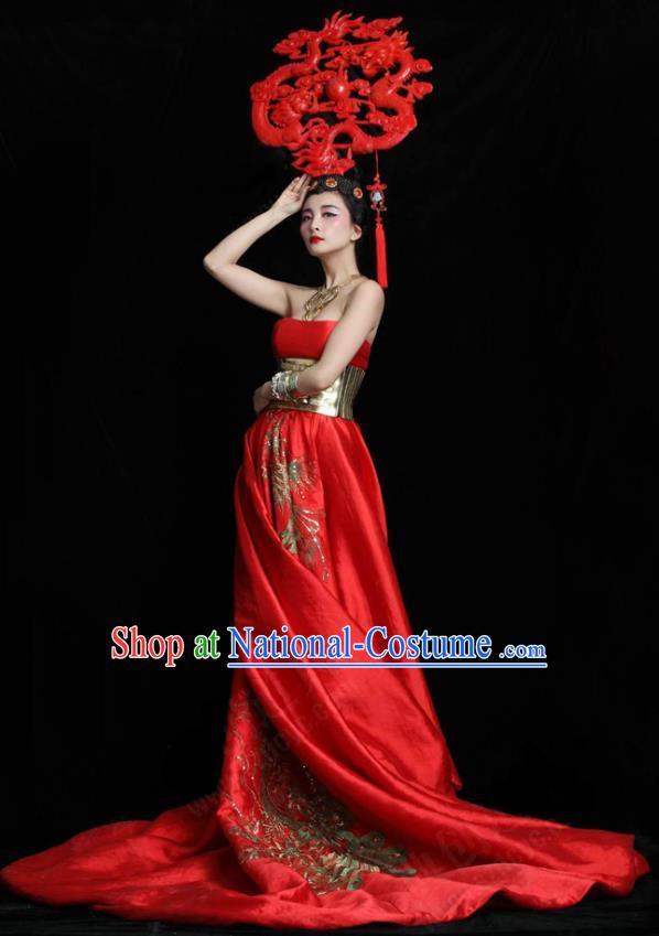 Top Grade Stage Performance Costumes China Style Modern Fancywork Full Dress and Headwear for Women