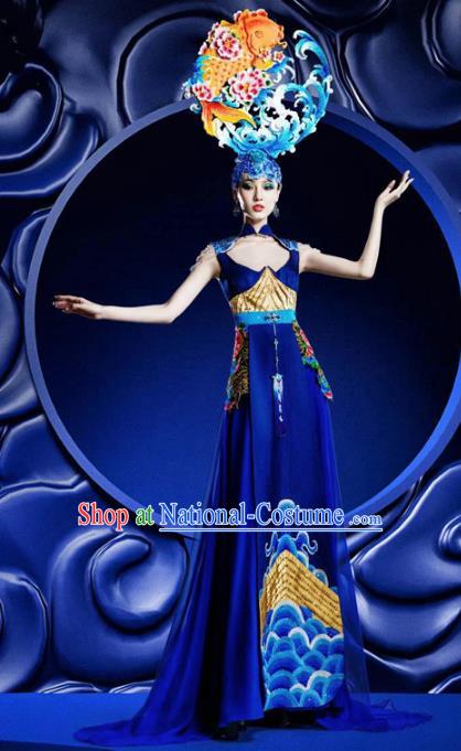 Top Grade Stage Performance Costumes China Style Modern Fancywork Blue Full Dress and Headwear for Women