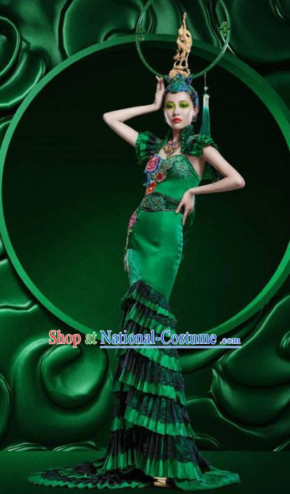 Top Grade Stage Performance Costumes China Style Modern Fancywork Green Full Dress and Headwear for Women