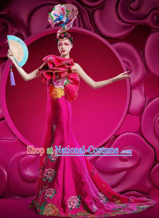 Top Grade Stage Performance Costumes China Style Modern Fancywork Rosy Full Dress and Headwear for Women