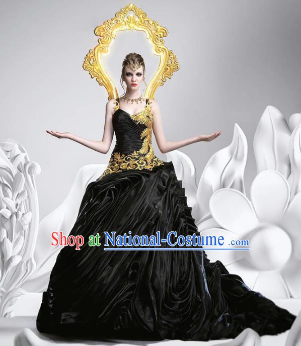 Top Grade Stage Performance Costumes Baroque Modern Fancywork Black Silk Full Dress and Headwear for Women