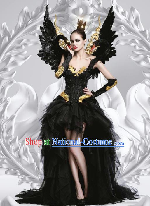 Top Grade Stage Performance Costumes Baroque Modern Fancywork Black Trailing Full Dress and Feather Wings for Women