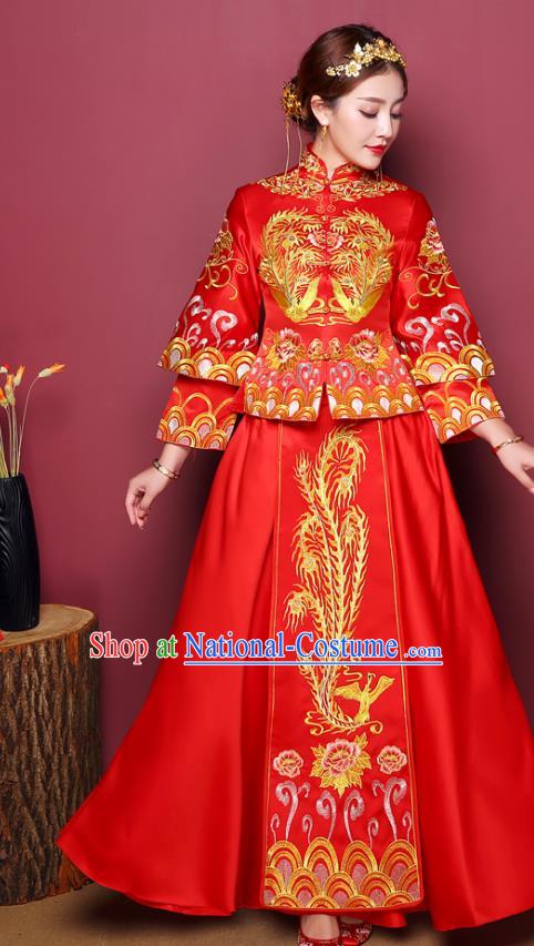 Chinese Traditional Wedding Costume, China Ancient Bride Xiuhe Suit Embroidered Phoenix Dress Clothing for Women