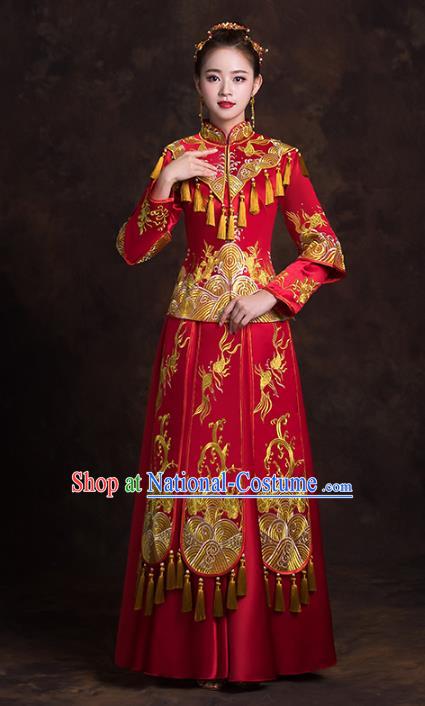 Chinese Traditional Golden Tassel Xiuhe Suits Bride Red Full Dress Ancient Embroidered Peony Bottom Drawer Wedding Costumes for Women