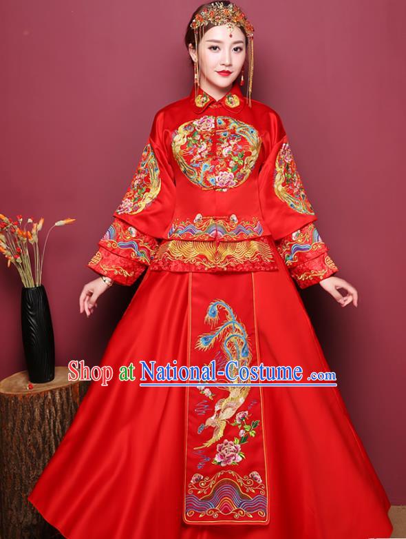 Chinese Ancient Wedding Costume Bride Red Dress, China Traditional Delicate Embroidered Phoenix Toast Clothing Xiuhe Suits for Women