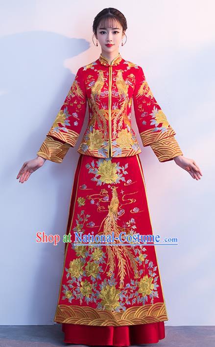 Chinese Traditional Xiuhe Suits Bride Red Full Dress Ancient Embroidered Phoenix Bottom Drawer Wedding Costumes for Women